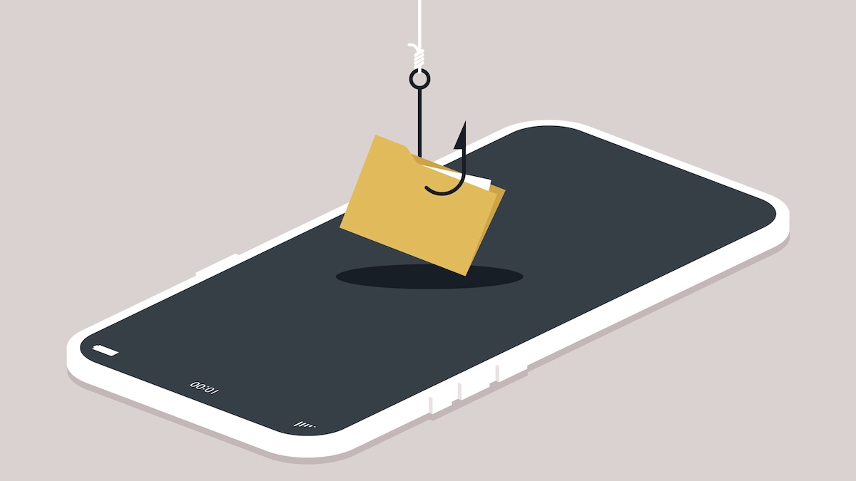 A fishing line that has hooked an important file is being retrieved from a mobile phone. Illustration.