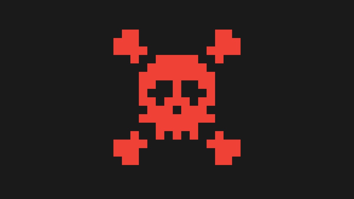 A red skull and bones is shown against a black background.
