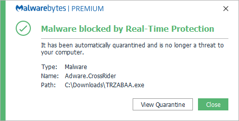 Malwarebytes blocks Adware.CrossRider