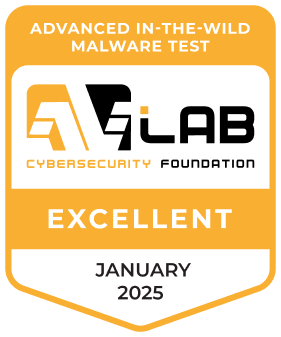 AV Lab-Zertifizierungsplakette mit exzellenter Bewertung für fortgeschrittene Malware-Tests in the wild" für 2025