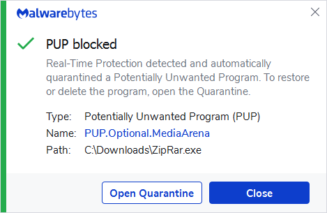 Malwarebytes blocks PUP.Optional.MediaArena