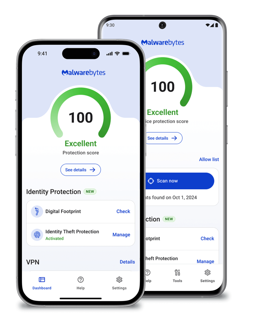Zwei mobile Geräte mit der Malwarebytes Mobile App auf dem Bildschirm.