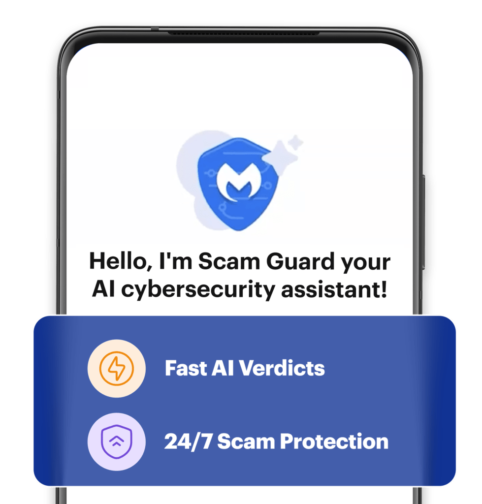 Malwarebytes Scam Guard-Schnittstelle auf dem Mobiltelefon mit Feature-Banner.